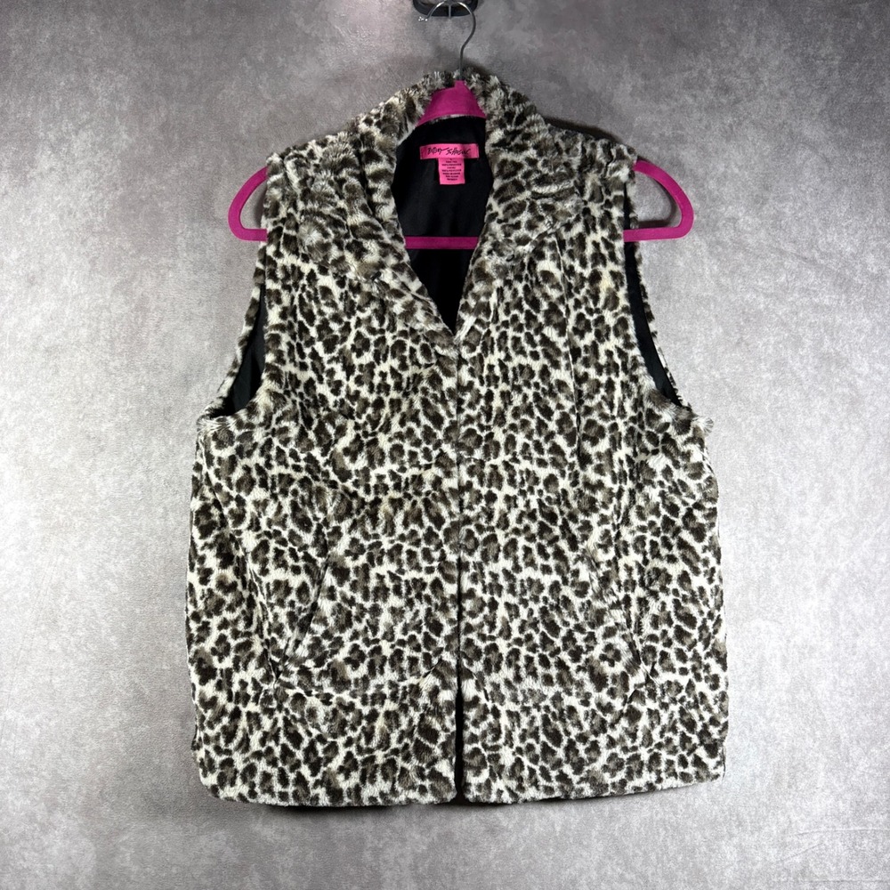 Betsey Johnson Faux Fur Vest Womens Size Large Leopard Animal Print Outerwear